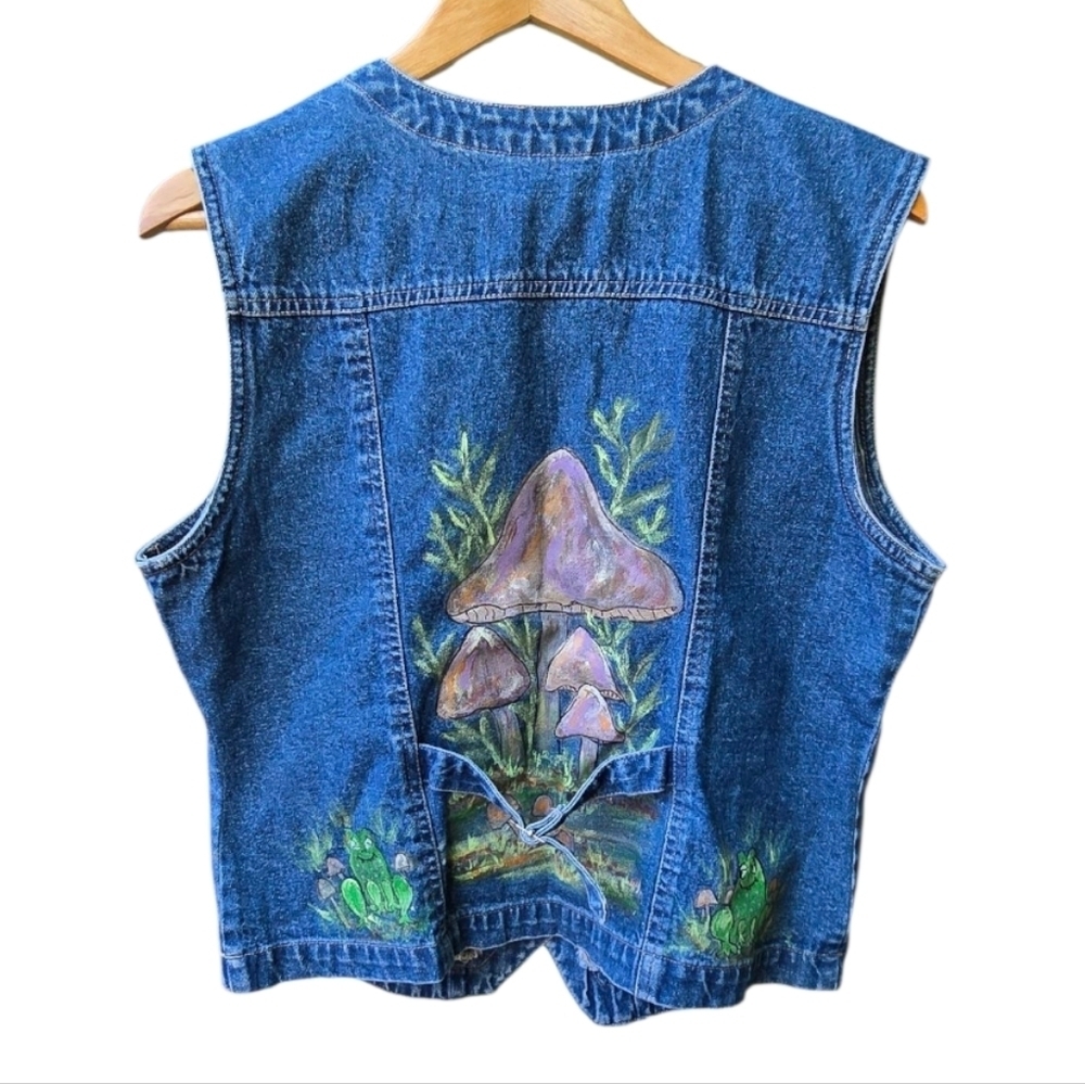 ​🐸🍄 Vintage Passport Hand Painted Mushroom Frog Denim Vest - Size M - Picture 2 of 7
